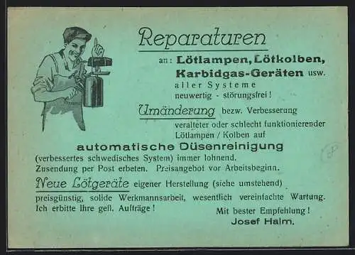 AK Reparaturen an Lötlampen, Lötkolben, Karbidgas-Geräten etc., Reklame für Firma Josef Halm