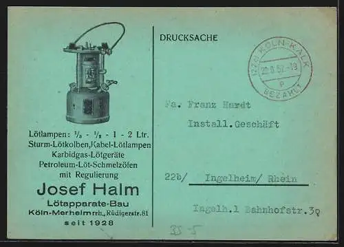 AK Reparaturen an Lötlampen, Lötkolben, Karbidgas-Geräten etc., Reklame für Firma Josef Halm