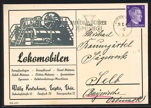 AK Triptis /Thür., Lokomobile v. Willy Kretschmar, Bahnhofstrasse 10, Reklame