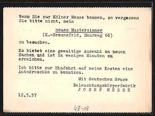 AK Köln-Braunsfeld, Beleuchtungskörperfabrik Hesse, Maarweg 66