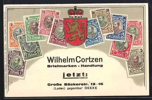 AK Bulgarien, Wappen und Briefmarken, Hamburg, Briefmarken-Handlung Wilhelm Cortzen, Grosse Bäckerstr. 13-15