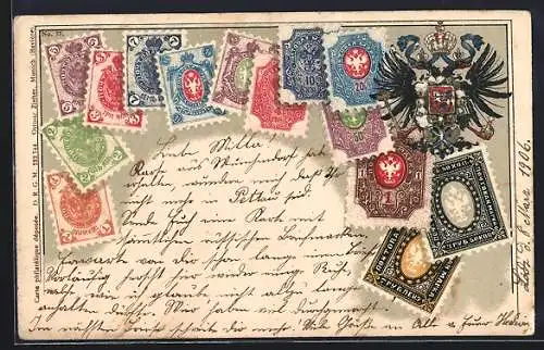 AK Russland, Briefmarken und dopelköpfiger Adler mit Wappen