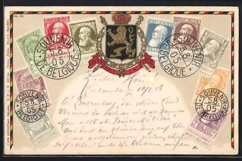 AK Belgien, Briefmarken und Wappen des Landes