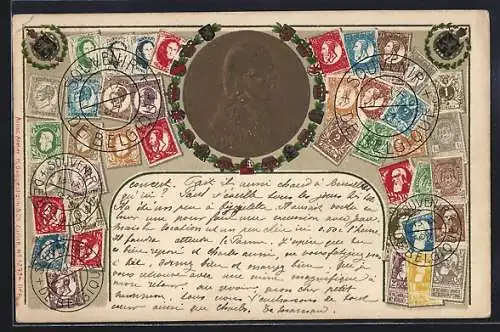 AK Belgique, Briefmarken mit Portrait, Wappen