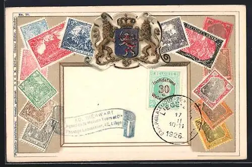 AK Belgique, Briefmarken und Wappen