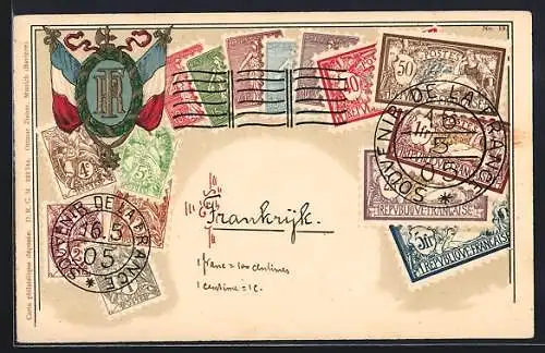 AK Frankreich, Briefmarken und Wappen mit Fahnen