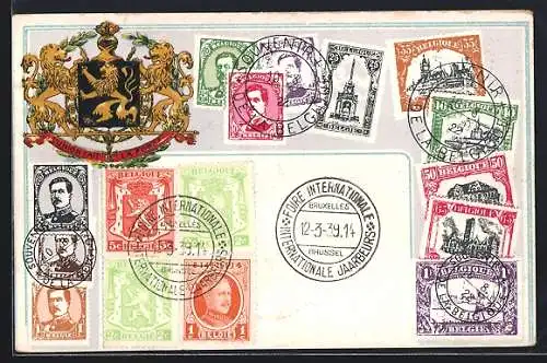 AK Belgique, Briefmarken mit Wappen