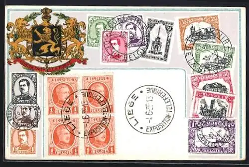 AK Belgique, Briefmarken mit Wappen
