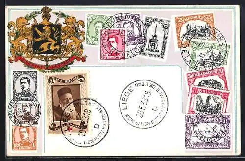 AK Belgique, Briefmarken mit Wappen