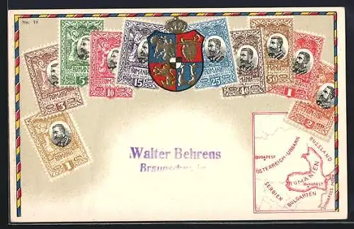 AK Rumänien, Briefmarken mit Wappen und Landkarte