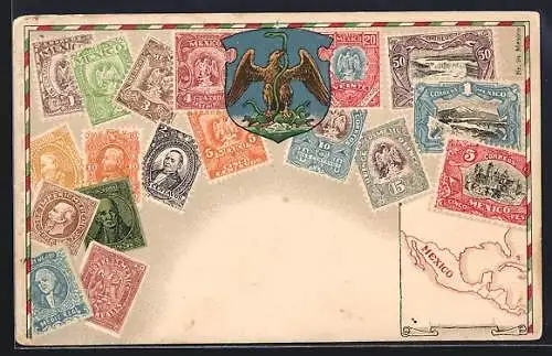 AK Mexico, Landkarte, Briefmarken und Wappen