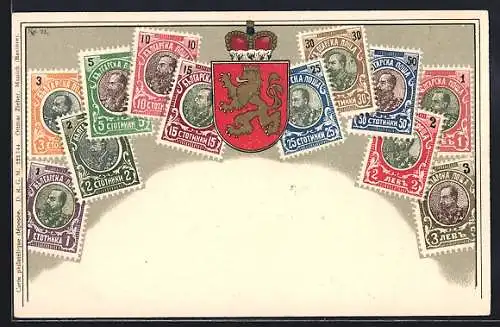 AK Briefmarken und Wappen mit goldenem Löwen