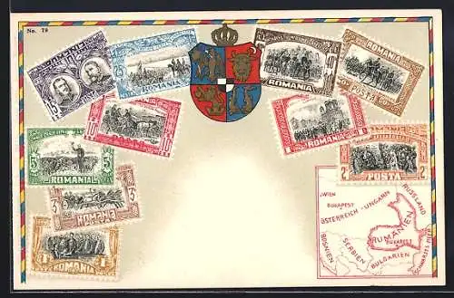 AK Rumänische Briefmarken und Wappen, Landkarte