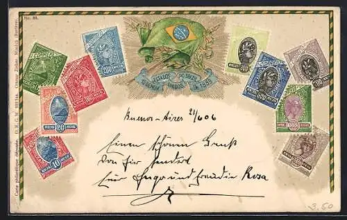 AK Brazil, Briefmarken mit Flagge