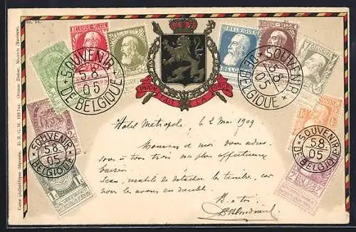 AK Belgique, Briefmarken mit Wappen