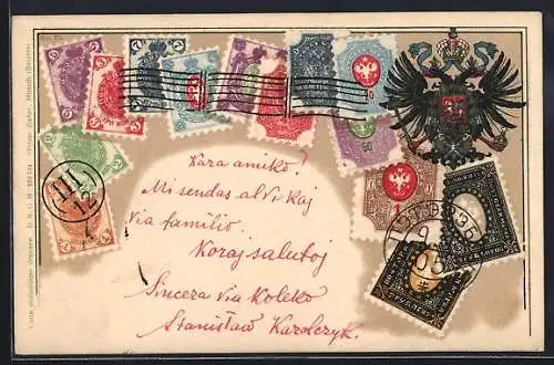 AK Russland, Briefmarken mit Wappen