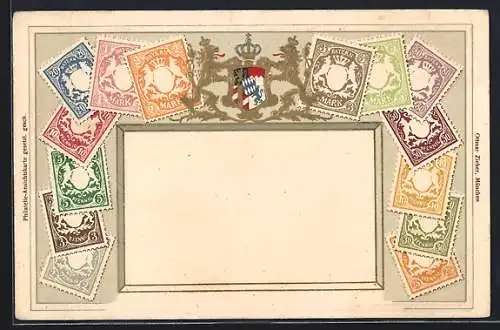 AK Bayern, Briefmarken mit Wappen, um 1900