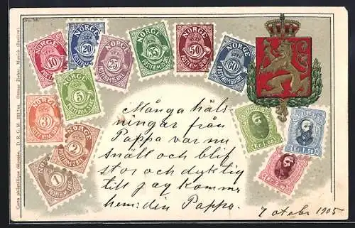 AK Norge, Briefmarken mit Wappen