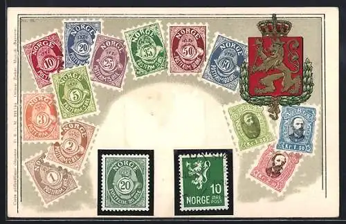 AK Norge, Briefmarken mit Wappen