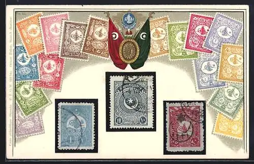 AK Türkei, Briefmarken und Wappen mit Flaggen