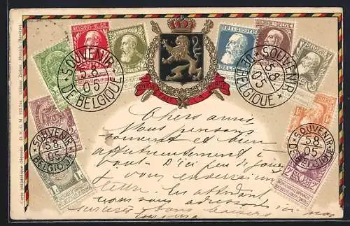 AK Belgique, Briefmarken mit Wappen