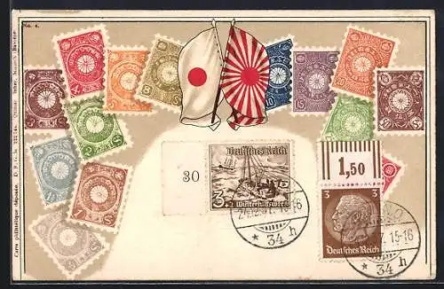 AK Japan, Briefmarken mit Flaggen