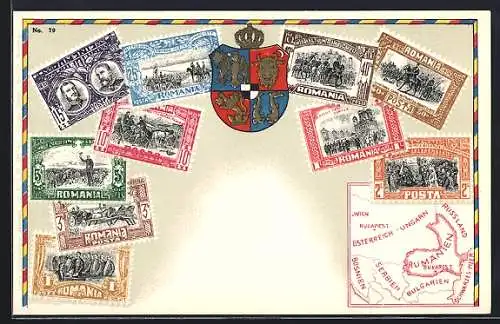 AK Rumänische Briefmarken und Wappen, Landkarte