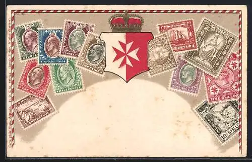 AK Malta, Briefmarken mit Wappen