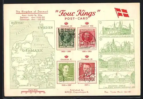 Künstler-AK Dänemark, Kronborg Castel, Frederiksborg Castle, Landkarte mit Schweden und Norwegen, Briefmarken