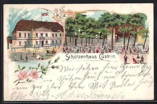 Lithographie Cüstrin, Schützenhaus mit Wirtschaftsgarten und Bühne