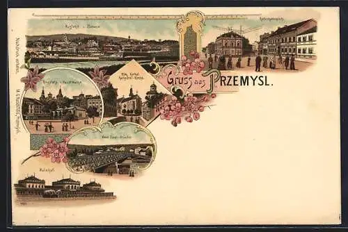 Lithographie Przemysl, Röm. Kathol. Kathedral-Kirche, Reformatenplatz, Ringplatz-Hauptwache, Neue Saan-Brücke, Bahnhof