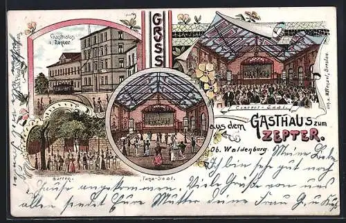 Lithographie Waldenburg, Gasthaus zum Zepter mit Garten und Concert- und Tanz-Saal