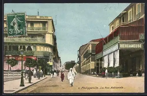 AK Philippeville, La Rue Nationale, Strassenpartie