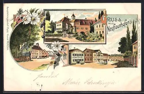 Lithographie Neufraunhofen, Gasthaus von Georg Thaler, Ortspartie und Schloss