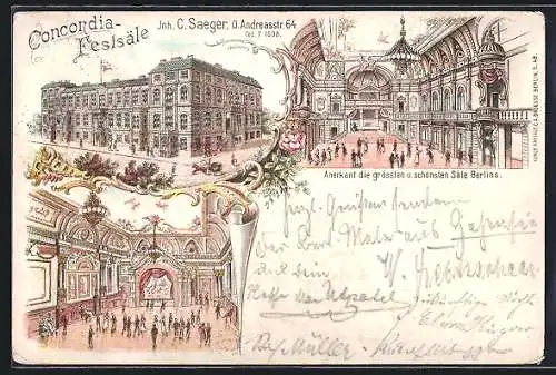 Lithographie Berlin-Friedrichshain, Concordia-Festsäle, Bes. C. Saeger, Andreasstrasse 64