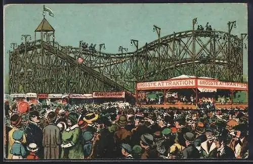Künstler-AK Vogelwiese, Gebirgsbahn, Volksfest, Überfüllter Platz