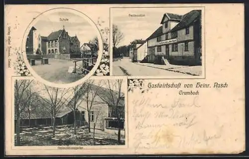 AK Crumbach / Kassel, Gasthaus-Restaurant Heinr. Rasch mit Wirtschaftsgarten, Schule