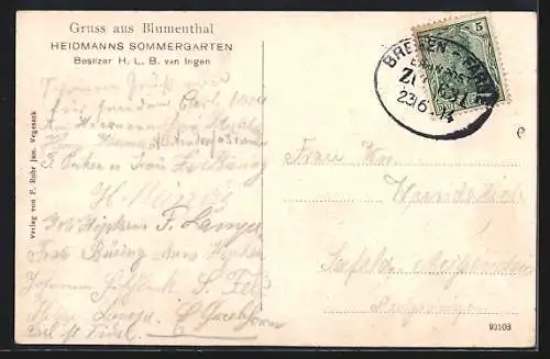 AK Blumenthal / Vegesack, Restaurant Heidmann`s Sommergarten v. H. L. B. van Ingen