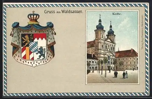 Passepartout-Lithographie Waldsassen, Passanten vor der Kirche, Stadtwappen