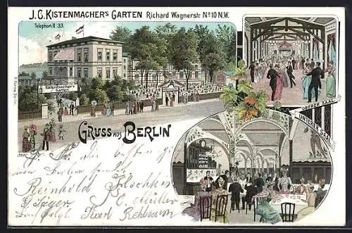 Lithographie Berlin-Tiergarten, Gasthaus J. G. Kistenmacher`s Garten mit Innenansichten, Richard Wagnerstrasse 10