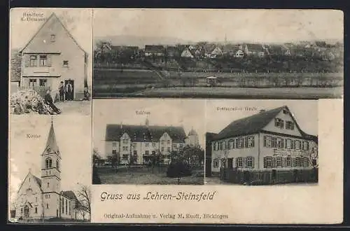 AK Lehren-Steinsfeld, Restaurant Henle, Handlung K. Uhlmann, Kirche, Schloss, Totalansicht