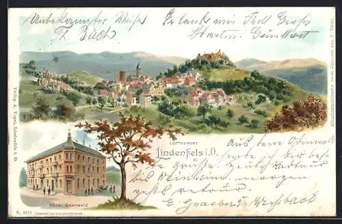 Lithographie Lindenfels, Hotel Odenwald und Ortspanorama