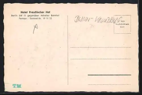 AK Berlin, Hotel Preussischer Hof, Stresemannstrasse 88
