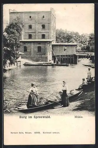 AK Burg im Spreewald, Mühle mit Flusspartie