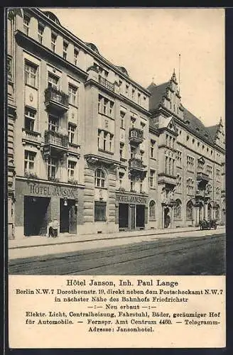 AK Berlin, Hotel Janson, Inh. Paul Lange, Dorotheenstrasse 19