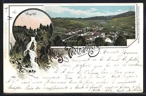 Lithographie Todtnauberg, Gesamtansicht, Wasserfall