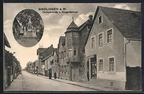 AK Sindlingen a. M., Okriftelerstrasse und Kriegerdenkmal