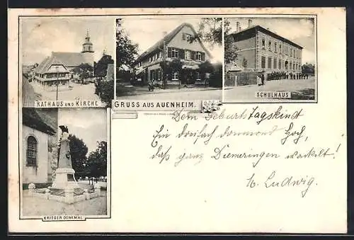 AK Auenheim / Baden, Gasthaus, Schulhaus, Rathaus und Kirche, Kriegerdenkmal