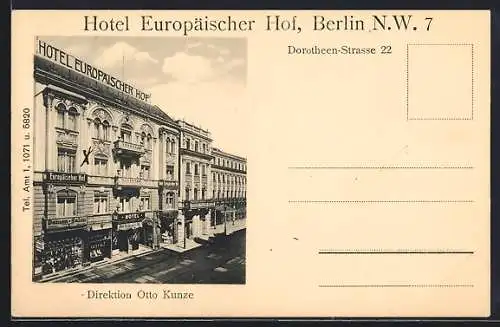 AK Berlin, Hotel Europäischer Hof, Dir. Otto Kunze, Dorotheen-Strasse 22