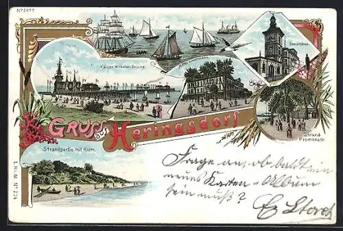 Lithographie Heringsdorf / Seebad, Hotel Lindemann, Kulm, Kaiser-Wilhelm-Brücke, Strandpromenade, Seeschloss